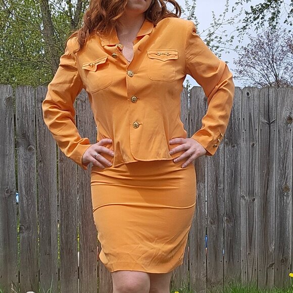 Vintage 100% Silk Mobwife Office Siren Orange Button Down Blazer & Skirt Set